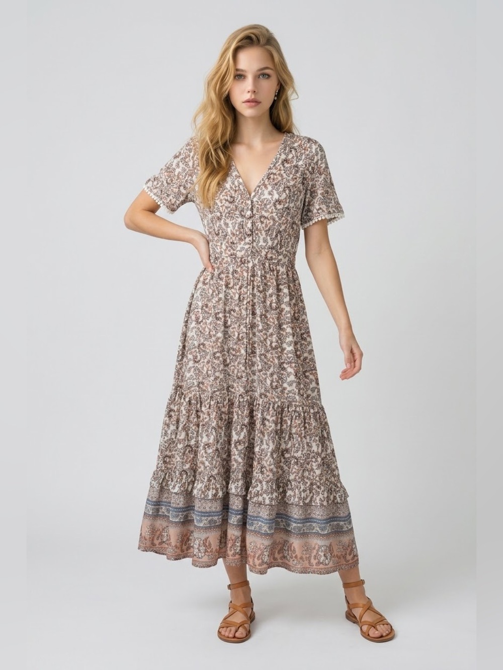 R. Vivimos - Neutral Paisley Tiered Maxi Dress with V-Neck